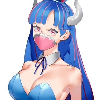 raine (acke2445), one piece, ulti (one piece), 1girl, alternate costume, animal ears, bare shoulders, blue hair, blue leotard, breasts, cleavage, curled horns, detached collar, fake animal ears, fake tail