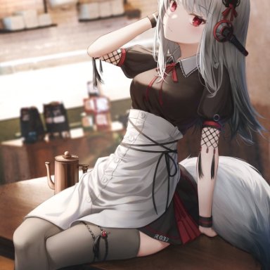 flippy (cripine111), arknights, frostleaf (arknights), 1girl, alternate costume, animal ears, apron, arm support, bangs, black legwear, black skirt, blurry, blurry background, closed mouth, coffee beans