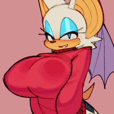 wamudraws, sonic (series), rouge the bat, 1girl, animal ears, areolae, bat ears, bat girl, bat wings, bouncing breasts, breast drop, breasts, clothes lift, covered nipples, cross pasties