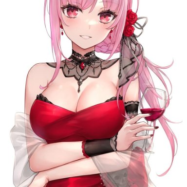asle, hololive, hololive english, mori calliope, 1girl, alcohol, arm under breasts, bangs, bare shoulders, black nails, breasts, crossed arms, cup, detached collar, dress