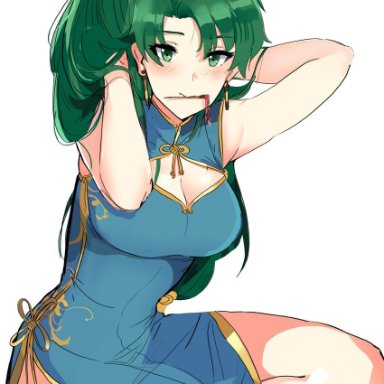 ormille, fire emblem, fire emblem: the blazing blade, lyn (fire emblem), 1girl, alternate costume, blue dress, breasts, china dress, chinese clothes, cleavage, cleavage cutout, clothing cutout, dress, flower