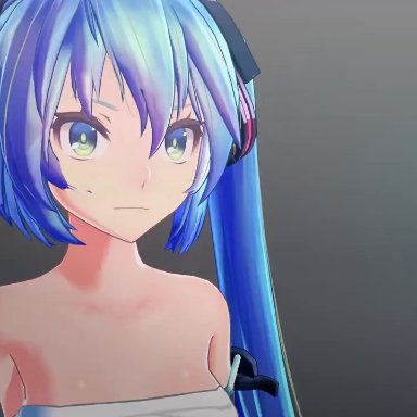tamakure, vocaloid, hatsune miku, 1girl, 3d, angry, bare shoulders, blue eyes, blue hair, closed mouth, constricted pupils, face, furious, grey background, growling