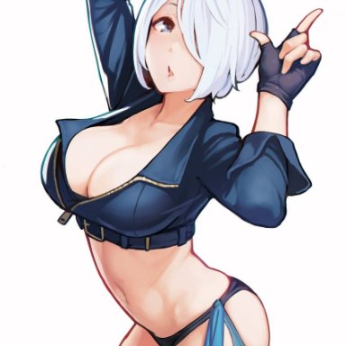 ataruman, the king of fighters, the king of fighters xiv, angel (kof), 1girl, arched back, arm up, black gloves, blue eyes, blue shirt, breasts, cleavage, cowboy shot, crop top, fingerless gloves