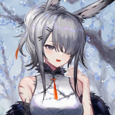 spacelongcat, arknights, frostnova (arknights), 1girl, :d, alternate costume, alternate hairstyle, animal ears, blue background, branch, breasts, china dress, chinese clothes, dress, feather boa