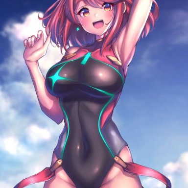 hakusai (hksicabb), xenoblade chronicles (series), xenoblade chronicles 2, pyra (pro swimmer) (xenoblade), pyra (xenoblade), 1girl, bangs, black swimsuit, breasts, chest jewel, competition swimsuit, covered collarbone, covered navel, gem, headpiece