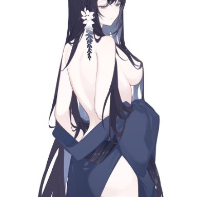 miyuki (miyuki0529), original, 1girl, back, bangs, black hair, blue eyes, blue kimono, breasts, closed mouth, cowboy shot, flower, from behind, hair flower, hair ornament