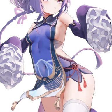 berserker r, genshin impact, qiqi (genshin impact), 1girl, alternate breast size, alternate costume, bare shoulders, blue dress, blush, braid, breasts, chinese clothes, coin, coin hair ornament, covered navel
