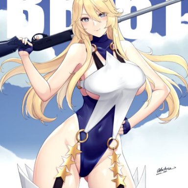 odachu, kantai collection, iowa (kancolle), 1girl, alternate costume, blonde hair, blue eyes, blue gloves, blue leotard, blue sky, boots, breasts, character name, cloud, fingerless gloves