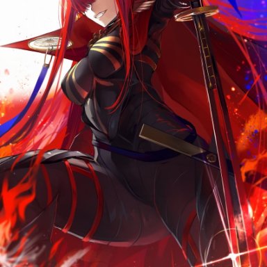 kansya, fate/grand order, fate (series), oda nobunaga (fate), oda nobunaga (maou avenger) (fate), 1girl, black bodysuit, bodysuit, breasts, cape, eyebrows visible through hair, hair over one eye, high collar, holding, holding sword