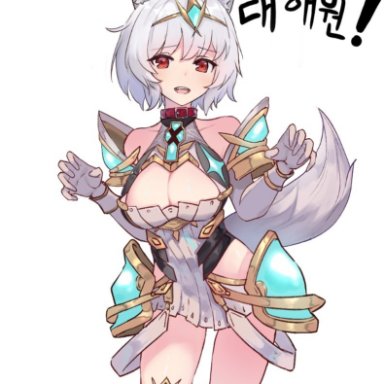 taeminhyeon, touhou, xenoblade chronicles (series), xenoblade chronicles 2, inubashiri momiji, mythra (xenoblade), animal ears, bare legs, bare shoulders, breasts, chest jewel, claw pose, cleavage, cleavage cutout, clothing cutout