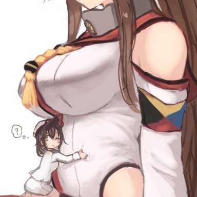 utopia, kantai collection, female admiral (kancolle), yamato (kancolle), 2girls, black hair, bloated, breasts, brown eyes, brown hair, collar, detached sleeves, giant, giantess, hug
