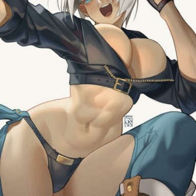 poch4n, snk, the king of fighters, the king of fighters xv, angel (kof), 1girl, blue eyes, boots, breasts, chaps, cowboy boots, cropped jacket, fingerless gloves, gloves, grey background