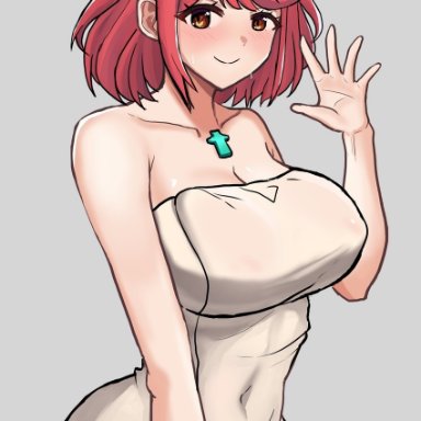 desspie, xenoblade chronicles (series), xenoblade chronicles 2, pyra (xenoblade), 1girl, bangs, breasts, chest jewel, gem, large breasts, naked towel, red eyes, red hair, short hair, simple background