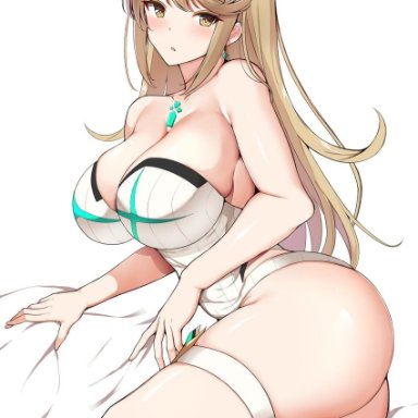 noeomi, xenoblade chronicles (series), xenoblade chronicles 2, mythra (radiant beach) (xenoblade), mythra (xenoblade), 1girl, bangs, blonde hair, breasts, casual one-piece swimsuit, chest jewel, gem, green gemstone, headpiece, large breasts