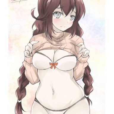 gakky, kantai collection, noshiro (kancolle), 1girl, bangs, bra, braid, breasts, brown hair, brown sweater, cleavage, clothes lift, cowboy shot, green eyes, lifted by self