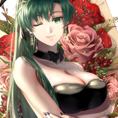 delsaber, fire emblem, fire emblem: the blazing blade, lyn (fire emblem), 1girl, ;), alternate costume, animal ears, arms under breasts, biting, black nails, breasts, choker, cleavage, closed mouth