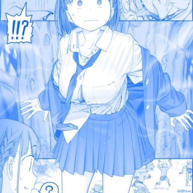 himura kiseki, getsuyoubi no tawawa, ai-chan (tawawa), !?, 1girl, ?, blue theme, bra, bra peek, braid, breasts, button gap, cleavage, club (weapon), comic