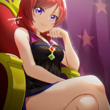 amamiya (re-amamiya), love live!, nishikino maki, 1girl, bare arms, bare shoulders, black dress, breasts, brooch, closed mouth, crossed legs, curtains, dress, elbow rest, from below