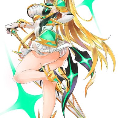 tim (a9243190a), xenoblade chronicles (series), xenoblade chronicles 2, mythra (xenoblade), 1girl, aegis sword (xenoblade), bangs, bare legs, bare shoulders, blonde hair, breasts, chest jewel, cleavage, cleavage cutout, clothing cutout
