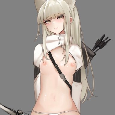 lumc, arknights, platinum (arknights), 1girl, animal ear fluff, animal ears, arms behind back, arrow (projectile), blonde hair, blush, bow (weapon), breasts, closed mouth, cowboy shot, frown