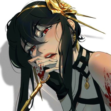qi mang (qimang), spy x family, yor briar, 1girl, bare shoulders, black dress, black hair, blood, blood on arm, blood on hands, blood on weapon, blush, breasts, cleavage, dagger