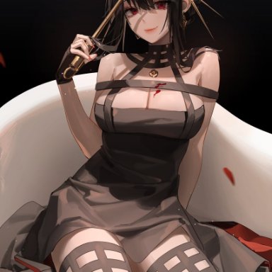 minttchocok, spy x family, yor briar, 1girl, arm support, bangs, bare shoulders, black choker, black dress, black footwear, black gloves, black hair, black legwear, blood, blood on breasts