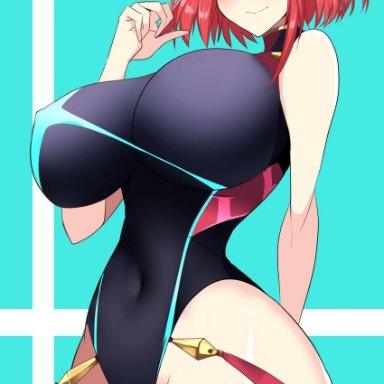 hifumi hajime, xenoblade chronicles (series), xenoblade chronicles 2, pyra (pro swimmer) (xenoblade), pyra (xenoblade), 1girl, bangs, black swimsuit, breasts, chest jewel, covered navel, headpiece, highleg, huge breasts, red eyes