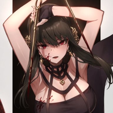 greenkohgen, spy x family, yor briar, 1girl, arms up, bangs, bare shoulders, black dress, black gloves, black hair, blood, blood on breasts, blood on face, blood on hands, blood on weapon