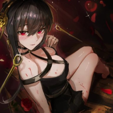 xude, spy x family, yor briar, 1girl, bangs, barefoot, black dress, blood, blood on arm, blood on breasts, blood on leg, blush, breasts, cleavage, closed mouth