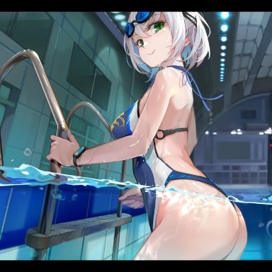 yoshikawa hiro, hololive, shirogane noel, 1girl, ass, bangs, blue swimsuit, blush, breasts, closed mouth, from side, goggles, goggles on head, green eyes, large breasts