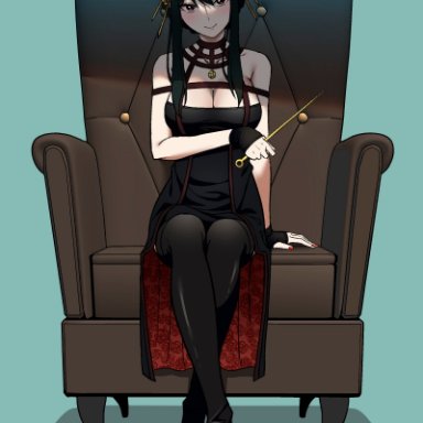 nectar (fujiya), spy x family, yor briar, 1girl, arm under breasts, bare shoulders, black dress, black gloves, black hair, blush, boots, breasts, chair, cleavage, closed mouth