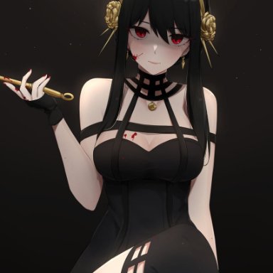 sunny721, spy x family, yor briar, 1girl, bangs, bare shoulders, black background, black dress, black gloves, black hair, blood, blood on breasts, blood on clothes, blood on face, blood on weapon