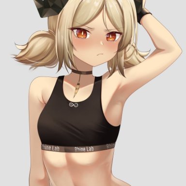 rei (riyanrei3), arknights, ifrit (arknights), 1girl, arm up, armpits, bare arms, bare shoulders, black choker, blonde hair, blush, breasts, choker, clothes writing, crop top