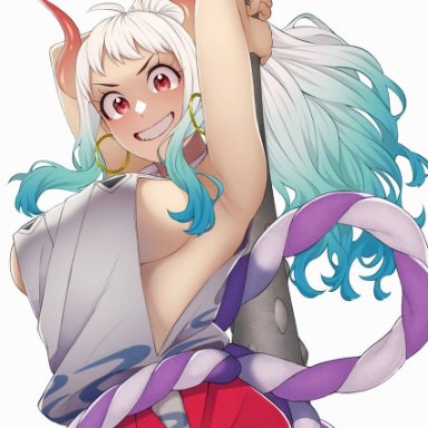 kobaji, one piece, yamato (one piece), 1girl, ahoge, aqua hair, breasts, clenched teeth, club (weapon), cowboy shot, earrings, gradient hair, grin, holding, holding weapon