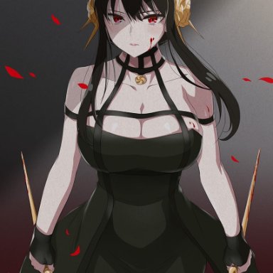 kimura shigetaka, spy x family, yor briar, 1girl, artificial flower, black dress, black gloves, black hair, blood, blood on breasts, blood on face, blood on weapon, breasts, cleavage, closed mouth