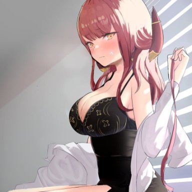 solokitsune, blue archive, aru (blue archive), 1girl, bangs, black bra, black skirt, blush, bra, breasts, cleavage, closed mouth, clothes pull, eyebrows visible through hair, feet out of frame