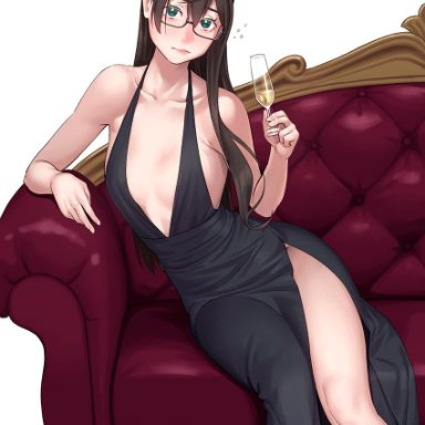 yuuji (and), kantai collection, ooyodo (kancolle), 1girl, alcohol, alternate costume, bangs, black dress, black hairband, breasts, champagne flute, couch, cup, dress, drinking glass