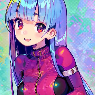 onono imoko, the king of fighters, kula diamond, 1girl, arm belt, arms under breasts, bangs, blue hair, blunt bangs, blush, bodysuit, breasts, eyebrows visible through hair, gloves, long hair