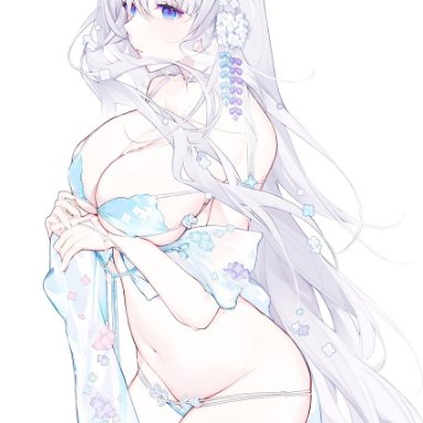 miyuki (miyuki0529), original, 1girl, bangs, bare shoulders, bikini, bikini bottom, bikini top, blue bikini, blue eyes, blue flower, blush, breasts, choker, cleavage