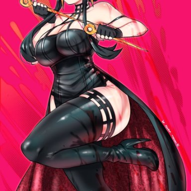 kenron toqueen, spy x family, yor briar, 1girl, black dress, blood, blood on arm, blood on breasts, blood on weapon, breasts, dress, dual wielding, earrings, gold earrings, gold hairband