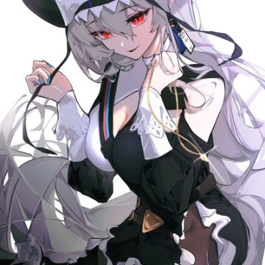 leria v, arknights, specter (arknights), specter the unchained (arknights), 1girl, bangs, black dress, black headwear, blue nails, breasts, cleavage, cowboy shot, dress, eyebrows visible through hair, grey hair