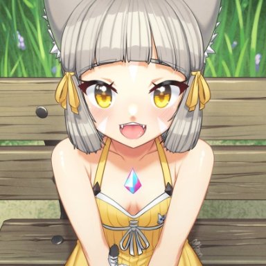 alten, xenoblade chronicles (series), xenoblade chronicles 2, nia (fancy sundress) (xenoblade), nia (xenoblade), 1girl, animal ears, bangs, blunt bangs, breasts, cat ears, chest jewel, dress swimsuit, fangs, grey hair