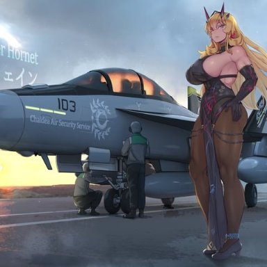 abubu, fate/grand order, fate (series), fairy knight gawain (fate), fairy knight gawain (second ascension) (fate), 1girl, 2boys, aircraft, airplane, bangs, bare shoulders, black dress, black gloves, blonde hair, breasts