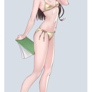 yuuji (and), kantai collection, ooyodo (kancolle), 1girl, alternate costume, ass, bangs, bare arms, bare legs, bare shoulders, bikini, black hair, blush, breasts, clipboard