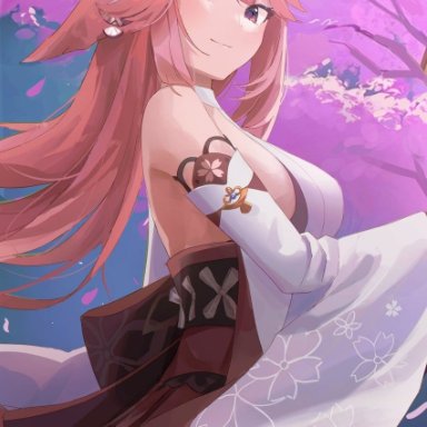 lisi, genshin impact, yae miko, 1girl, animal ears, back bow, bangs, bare shoulders, bow, breasts, cherry blossoms, closed mouth, detached sleeves, earrings, eyebrows visible through hair