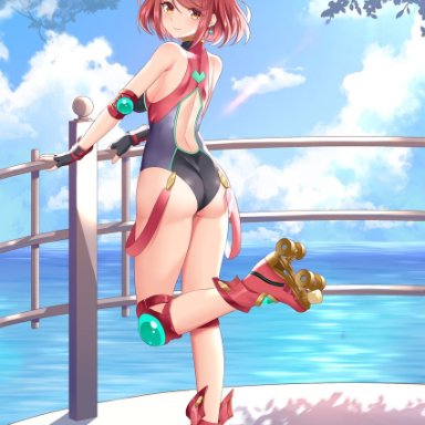 okazakileo, xenoblade chronicles (series), xenoblade chronicles 2, pyra (pro swimmer) (xenoblade), pyra (xenoblade), 1girl, bangs, black swimsuit, breasts, competition swimsuit, covered collarbone, headpiece, large breasts, one-piece swimsuit, red eyes