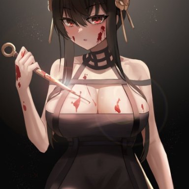 onedoo, spy x family, yor briar, 1girl, :o, artificial flower, bangs, bare shoulders, black background, black dress, black hair, blood, blood on breasts, blood on face, blood on hands