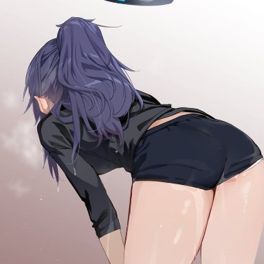 uno ryoku, blue archive, yuuka (blue archive), 1girl, ass, bent over, black shirt, black shorts, brown background, from behind, gradient, gradient background, halo, heavy breathing, long hair