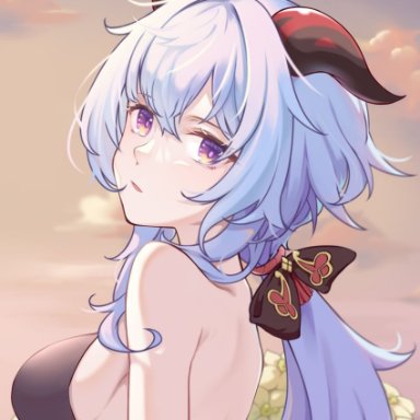 chan sang, genshin impact, ganyu (genshin impact), 1girl, ahoge, back, backless outfit, bangs, bare arms, blue hair, bow, breasts, flower, from side, horns