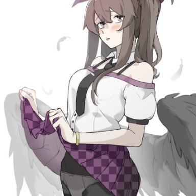 shot (shot0598), touhou, himekaidou hatate, 1girl, :p, bangs, black eyes, black necktie, black wings, bow, breasts, brown hair, buttons, checkered clothes, checkered skirt